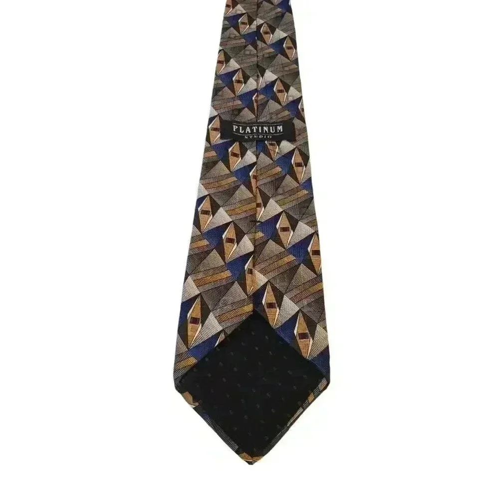 Platinum Designs Tan Blue‎ Geometric 100% Silk Classic Men's Tie Business Church